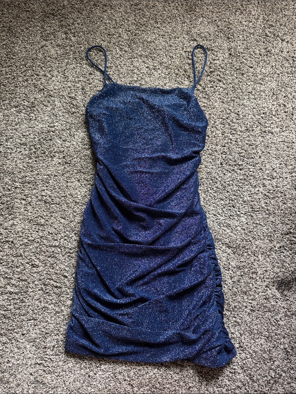 Navy Sparkle Spaghetti-Strap Ruched Dress